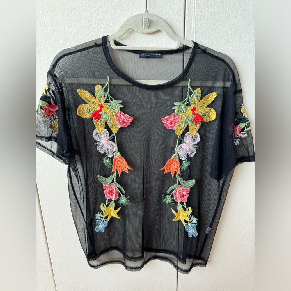 Zara Black Sheer Blouse with Colorful Floral Embroidery